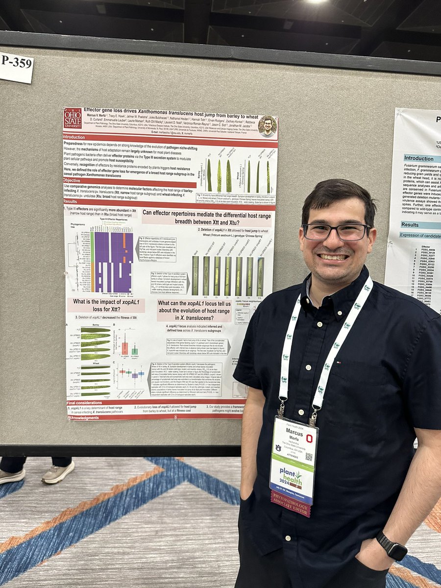Poster session is this afternoon at 4:45 pm!
Stop by poster P-359 to talk about how a single effector gene impacts host range of the cereal pathogen Xanthomonas translucens! #PlantHealth2024 #MPMI
