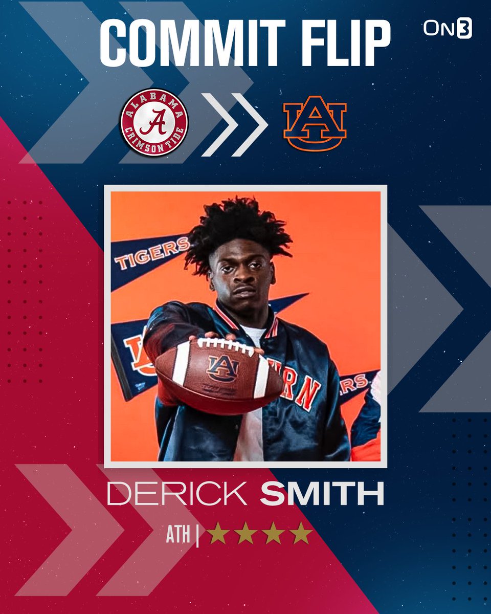 🚨BREAKING🚨 Elite 2025 athlete Derick Smith has flipped his commitment from Alabama to Auburn, per <a href="/Hayesfawcett3/">Hayes Fawcett</a>🦅

Smith ranks No. 45 NATL. (No. 2 ATH) in the 2025 On300

Read: on3.com/college/auburn…