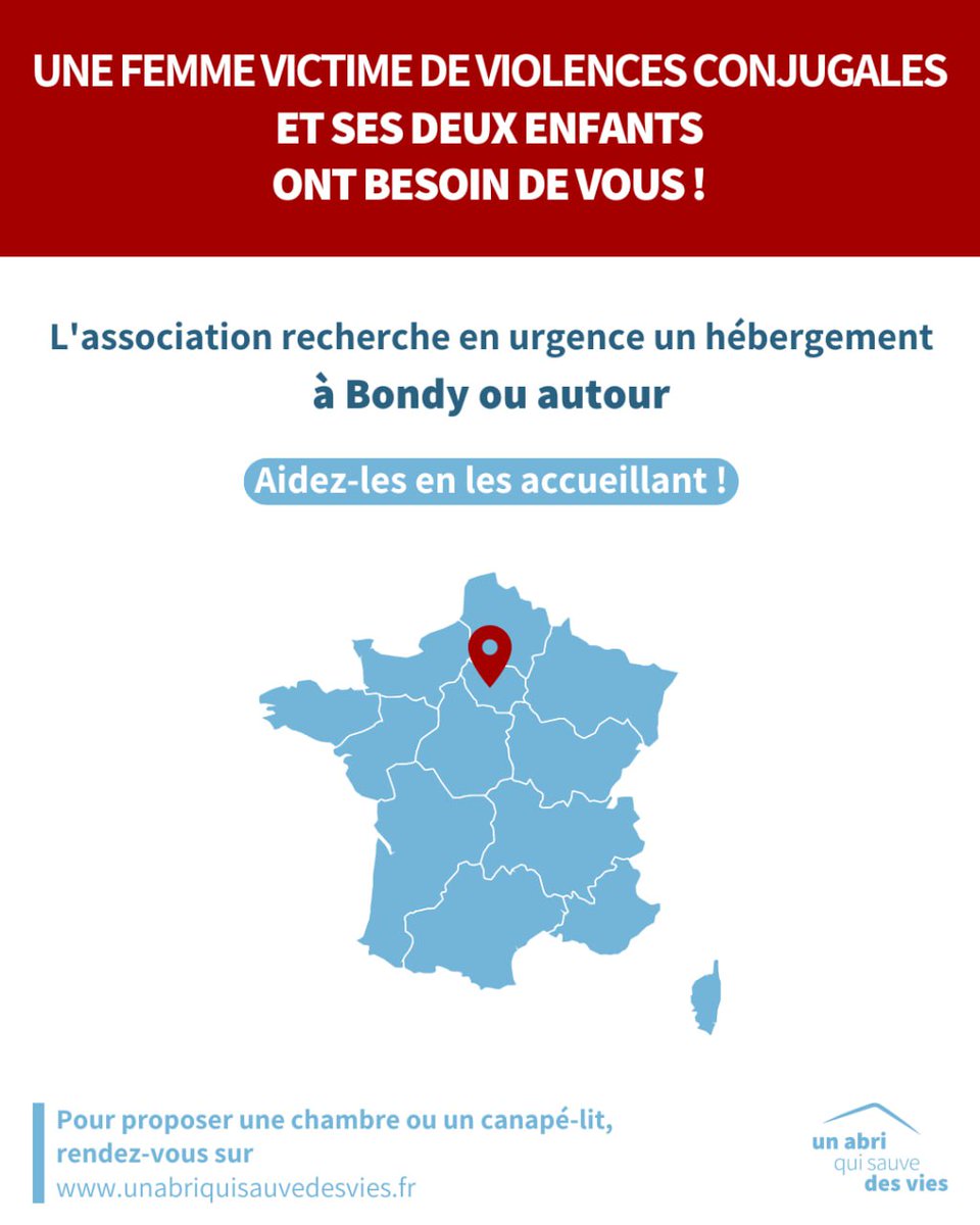 ⚠️ URGENCE #VIOLENCESCONJUGALES ⚠️

Un abri qui sauve des vies recherche un lieu sûr pour héberger en urgence une femme et ses deux enfants à 📍 #Bondy (93).

Pour les aider, vous pouvez les accueillir. La durée est déterminée selon vos disponibilités.

Merci de partager 🙏