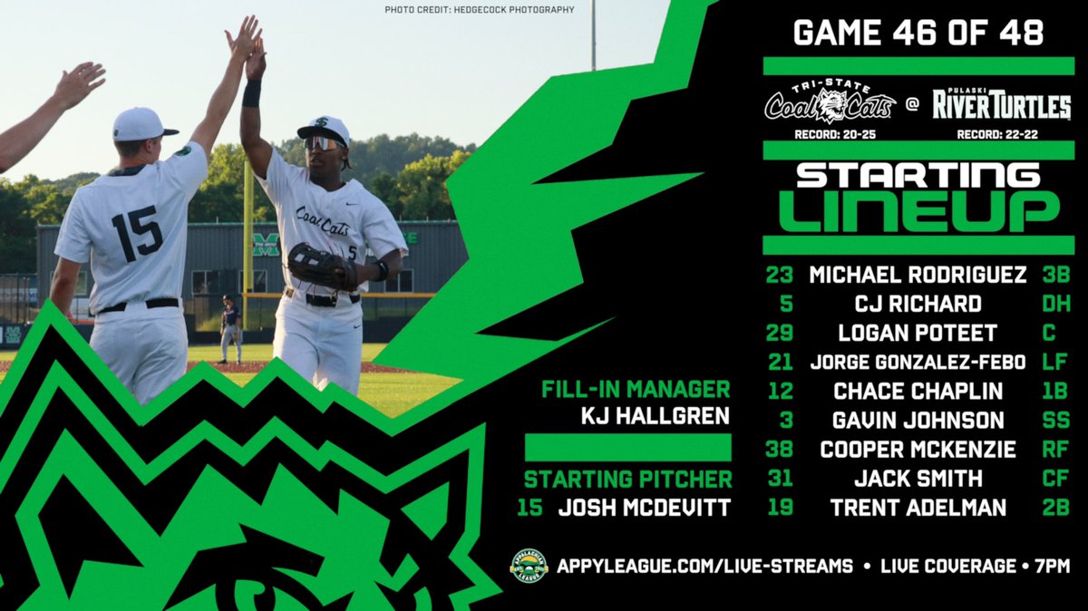Ready to roll for our final series of the year and the first game of K.J. Hallgren’s managerial career!

Here’s how we line up for game 1️⃣ of 3️⃣ against <a href="/theriverturtles/">Pulaski River Turtles</a>!

WATCH 📺: appyleague.com/live-streams