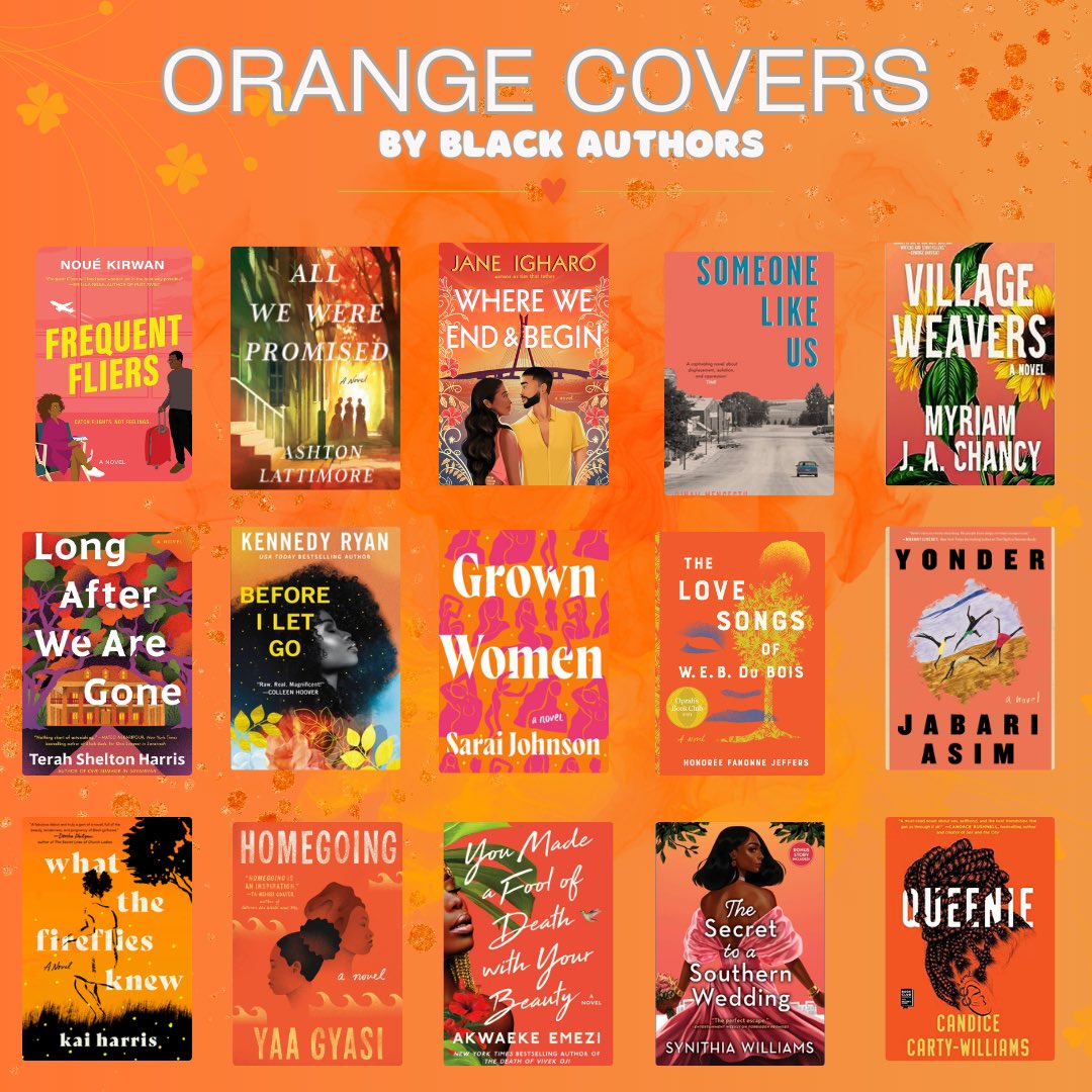55mmbae's tweet photo. I always see color themed flat lays for books but never see ones featuring only Black authors so I had to make my own 
🧡💜🩷💙 https://t.co/Oj3WGjQaAX