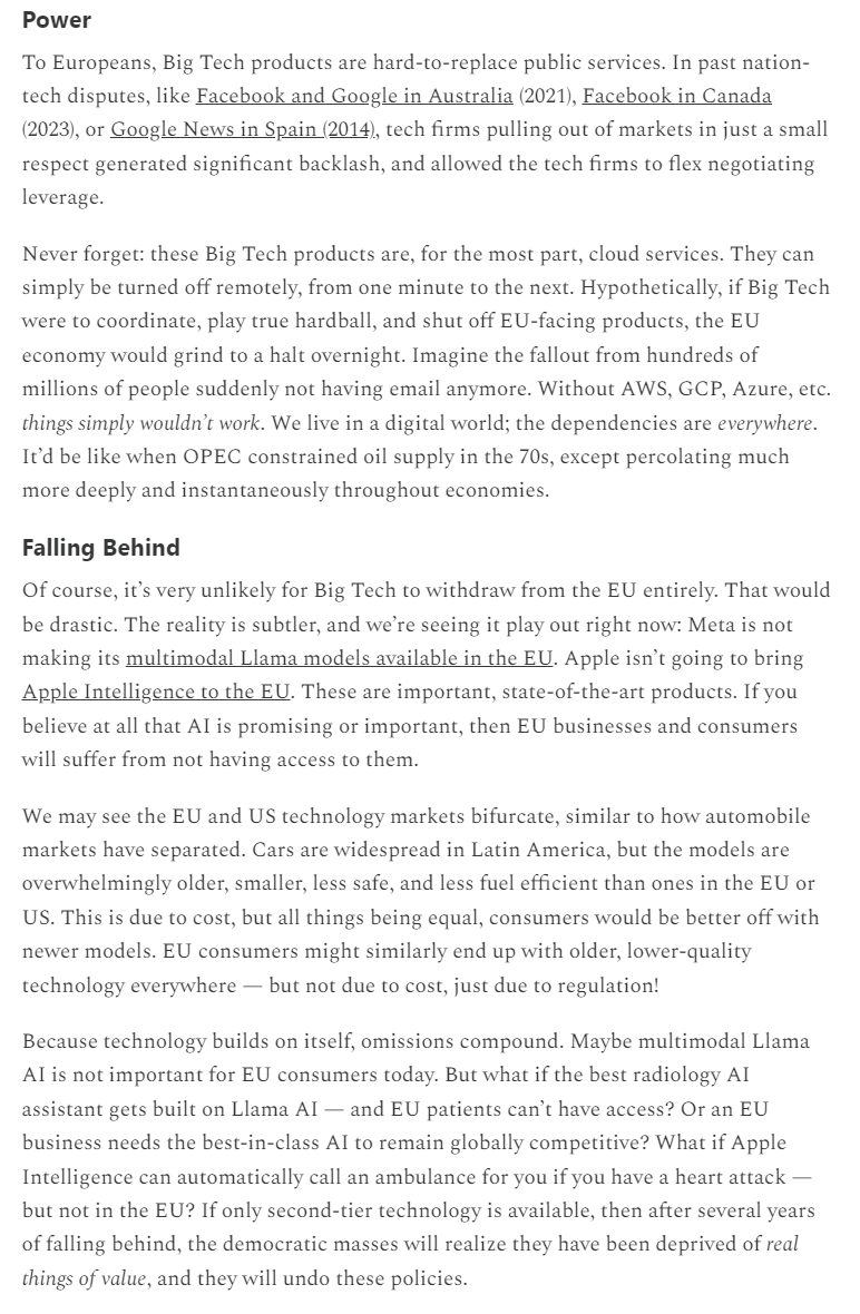 This is a terrific piece that I deeply agree with. I used to be worried about EU's power to impose business model changes on big tech. I have come to the conclusion that EU has SO massively overplayed their hand that we are closer to the end of EU regulators' influence.