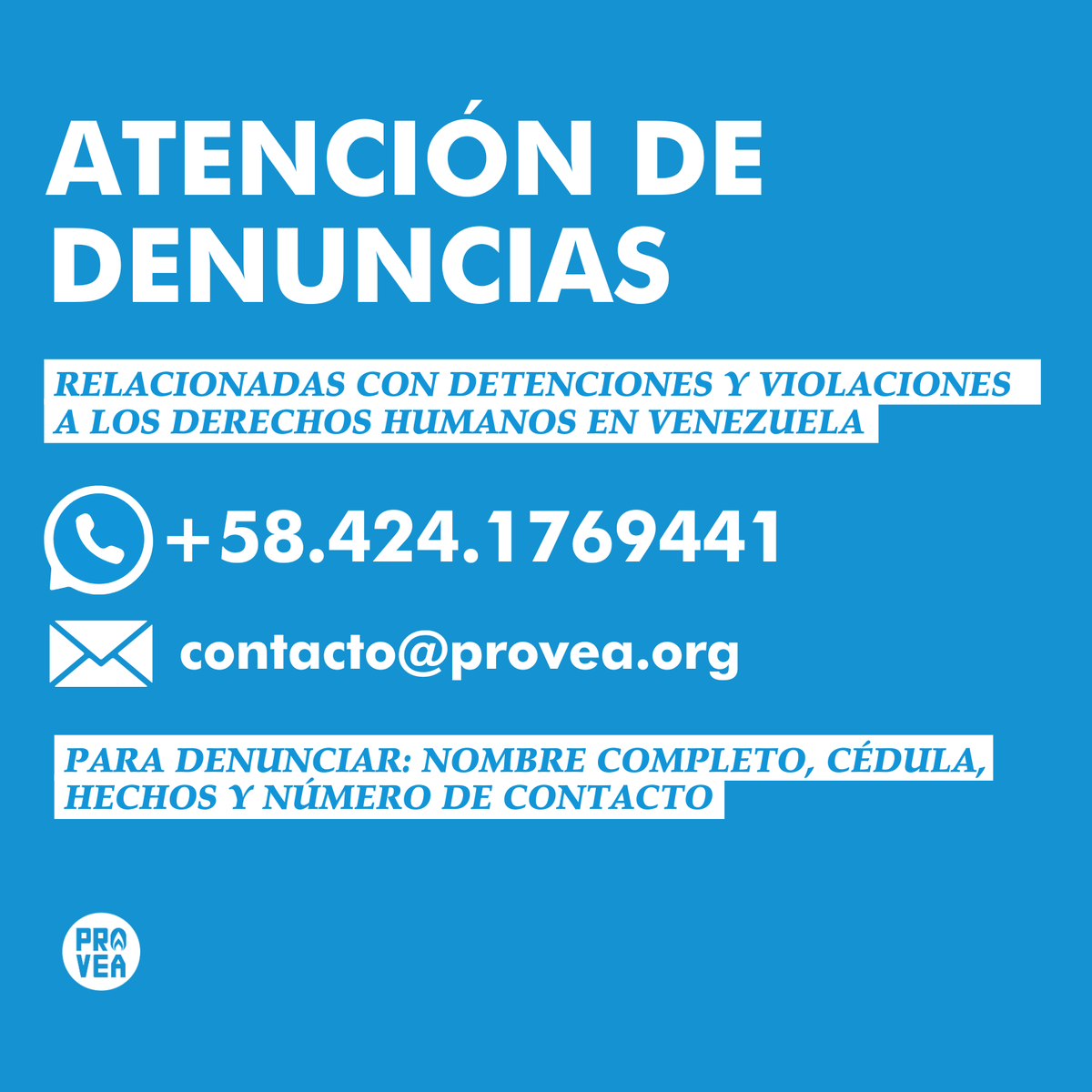 _Provea's tweet image. Este es nuestro número y correo para recibir denuncias sobre detenciones arbitrarias y violaciones de derechos humanos en contexto de protestas en Venezuela.

Para denunciar ten a la mano:
-Nombre completo
-Cédula
-Lo que pasó
-Número de contacto

Haz valer tus derechos.