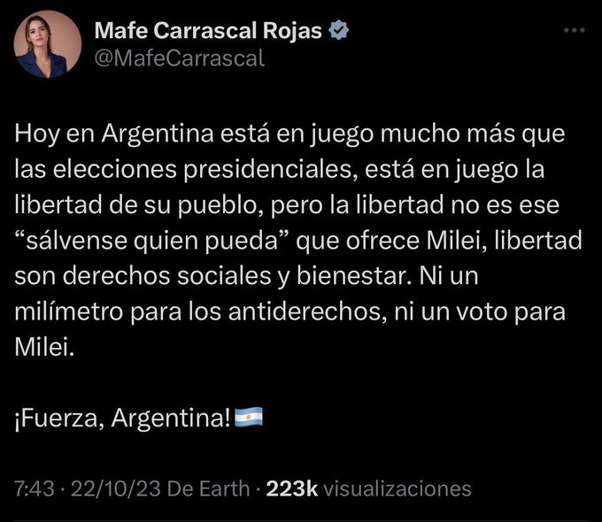 DanielSamperO's tweet photo. Uno puede estar preocupado por la suerte de un país que no es el de uno, pero meter las narices y decirle a su gente qué debe o qué no debe hacer, del lado que sea, es un a total desfachatez y una contravención al Derecho Internacional.

A menos de que se trate de la Argentina de Milei.

#DobleRaceroChallenge