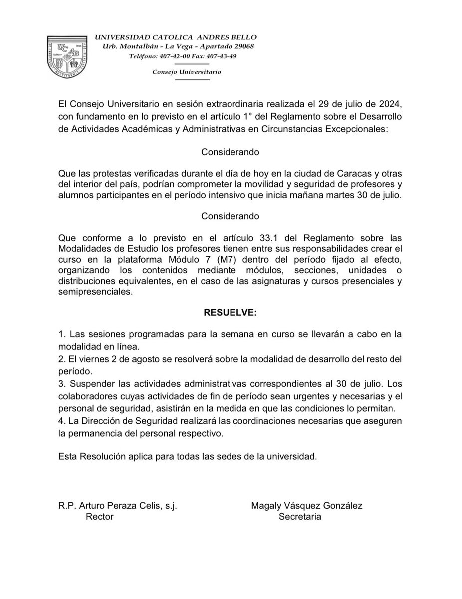 enlaucab's tweet photo. Estimada comunidad #ucabista🔰

Compartimos con ustedes la Resolución aprobada por el Consejo Universitario #UCAB el día de hoy, lunes #29jul🇻🇪. https://t.co/by14JKsDXu