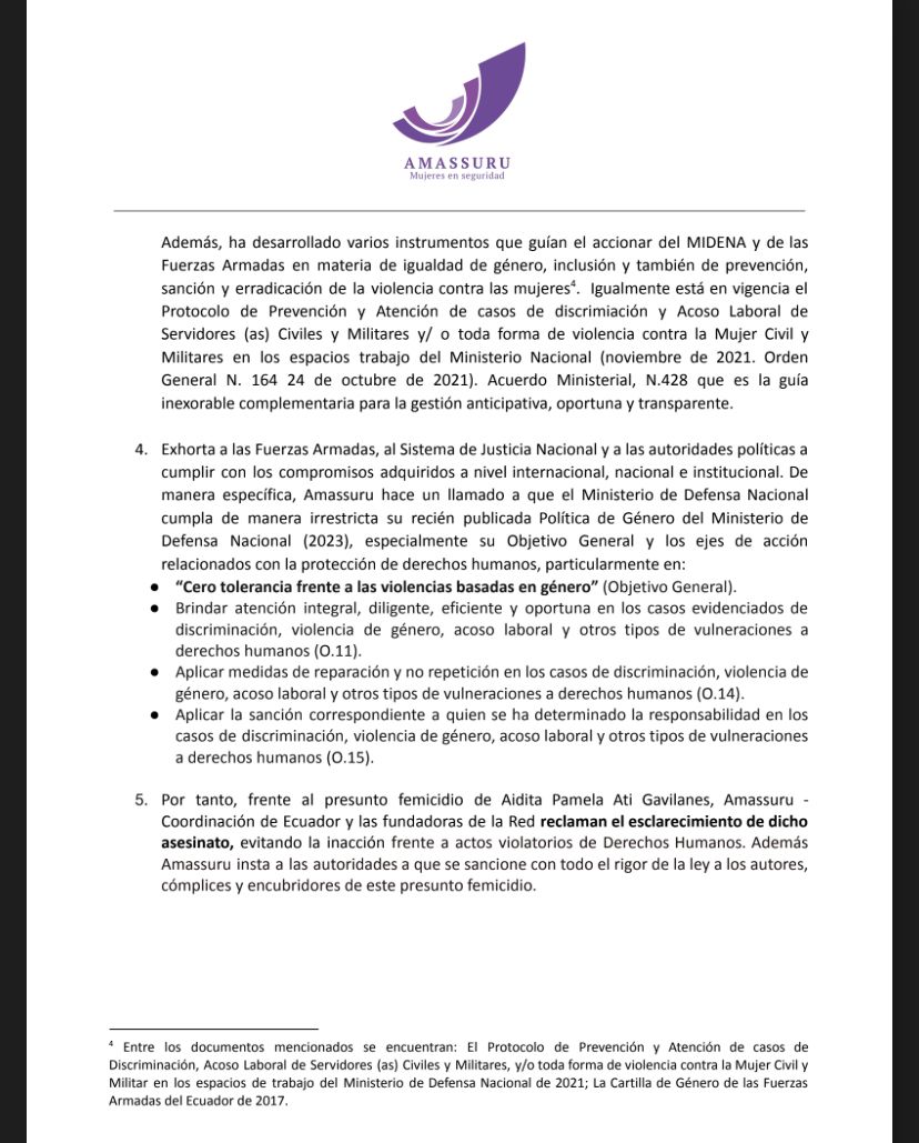 yanadaf's tweet photo. DECLARACIÓN DE LA RED DE MUJERES EN SEGURIDAD Y DEFENSA DE AMÉRICALATINA (AMASSURU) SOBRE EL PRESUNTO FEMICIDIO DE AIDITA PAMELA ATI
GAVILANES OCURRIDO DENTRO DE LAS INSTALACIONES DE LAS FUERZAS ARMADAS. https://t.co/8jdhpu9wbu