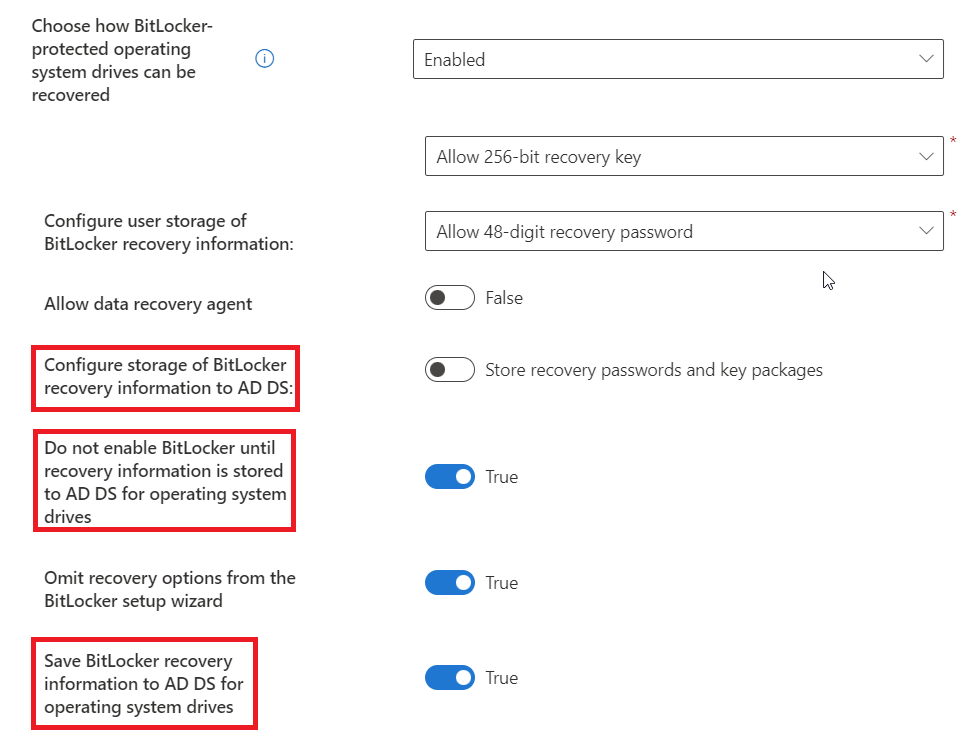 NathanMcNulty's tweet photo. Anyone else getting lots of questions about BitLocker since Intune changed the GUI/docs?

They removed all the references to Azure AD/Entra ID, now just "AD DS", and it's confusing people...

First image is what it used to look like, second image is what it looks like now https://t.co/D09PwvCXP6