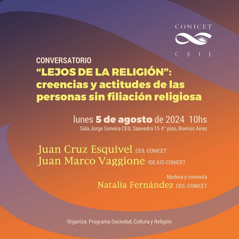 Conversatorio / “Lejos de la religión”: creencias y actitudes de las personas sin filiación religiosa, 5.08 10hs
Con <a href="/juesquivel/">Juan Esquivel 🇦🇷 🐞</a>  y Juan Marco Vaggione 
Modera y comenta: Natalia Fernandez