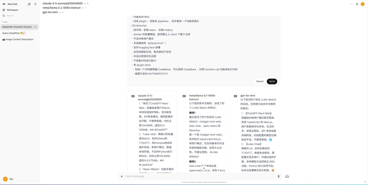 dourok's tweet image. 🚀#OpenWebUI：TypeScript/Svelte（前端），Python（后端）。UI 仿 ChatGPT，支持多模型对话、代码执行（基于 pyodide，甚至可以直接用 matplotlib 画图）。支持多模态、RAG，Web 搜索、 文档处理。无预设 Prompts（有官方的 Community） 无插件，但 Pipelines 看起来更强大