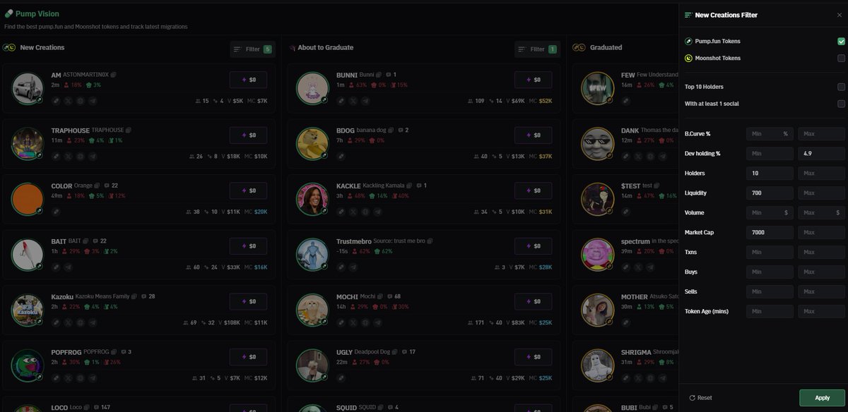NotSoEasyMoney's tweet photo. MECOIN MILLIONAIRE'S 
ULTIMATE PLAYBOOK

You watch these people make life changing money on memecoins...

You wonder how the hell they are pulling this off? 
Well... I'm happy to share what has worked FOR ME! 
____
Step 1
You need to use a platform or a bot. 
- @bullx_io is my platform of choice

It gives you an early edge on the entire market.
With pump vision you have the ability to analyze 'Pump Fun, pre migration' coins

These imo, are the highest RISK / REWARD.

Where I have found the MOST of my success is the 'recently graduated' tab. 

What I filter for though to make sure I am not about to get dumped on by a dev or insiders
- Dev Holding, less than 4.9%
- Holders, greater than 10
- Liquidity, greater than 700
- Market, greater than 7000

This will filter out 99% of the noise. 
____
Step 2
Once you find a ticker that you think has a chance. 

Click into it, and start to give it a review, before slamming that buy button. 
I've highlighted a variety of things that I immediately check for on a chart.

First thing I click over to is the 'Holders' tab.
I look for as many of the little rat (insider) icons as I can

If theres more than 2-3, or if any of those hold more than 3-4% of supply COMBINED. I stay away. 

These people had funds sent to them without paying.

The chart with teh DB and the DS, means the dev bought the token and where the dev sold the token

Recently, we've been seeing Dev Selling the token as bullish? and people tend to rally on the token, sending it much higher.

When buying or selling tickers, if you see a massive RUN UP, i typically set a limit buy, this way im buying a pullback

You can define what market cap and what % of tokens you want to buy and where, on a bunch of green, i look for 25-30% lower off the peak before entering at all

Limit sells, I target 
60% of the bag at 80% return
20% of the bag at 120% return
10% of the bag at 150% return

Then I leave a 10% moon bag.
____
Step 3
Bubble Maps

You can use this quickly on EARLY tokens or LATE tokens to see what the holder distro is 
This is a cheat code and can quickly be used to help you figure out how 

Those blue interlocking circles, means many transfers, bad sign

The yellow in the bottom left, means frequent transfers between those wallets, not the worst thing, they couldf just be in the same GC or could be same person

Top right, is what could be either a healthy distribution, or what is known as 'bundled sniping' many wallets getting the exact same amount of tokens 

Bottom left, one massive holder, they will dump, kill the chart, and your bags.

In my opinion, the bottom right is the best bubble map here, as there are many differing size circles, and only a small % of the tokens have a common wallet link. 
____
Step 4
Now where do you find alpha? 

Call me crazy, make friends in the trenches.
Find discords or telegrams or callers on twitter and join their telegrams

Join their group chats if possible, A LOT of the 'known callers' have Telegrams in their bio, where they share their trade diaries + journals. 

The name of the game is activity, find those telegrams, find ones that have public discourse or threads under calls, where people engage.

From here, make friends, start to find a smaller group, 5-10 people that are ACTIVE and in the trenches you can bounce ideas, plays, thoughts off of. 

A small tight knit group right now, will be the thing that can help you excel WAY faster

Also many of these telegrams and discords have various tools that help a lot 

- 'Scanners' that tell you all key stats of a ticker
- BOT channels that monitor the markets and signal for specific tickers or anamolies 
- BOT channels that have different preferences that you can subscribe to, to receive messages, and be in the know, even on the go

One of the BEST i've seen for this is @alpha_gardeners 
Check their twitter you will be able to see all the tools they have and the success of said tools. 
____

Finally, if you haven't started but want to start trading meme coins, get into @bullx_io 

They have a TON of resources to help in their academy, and its what every top meme'r is using right now 

Hit my link to skip the line and save 10% on fees