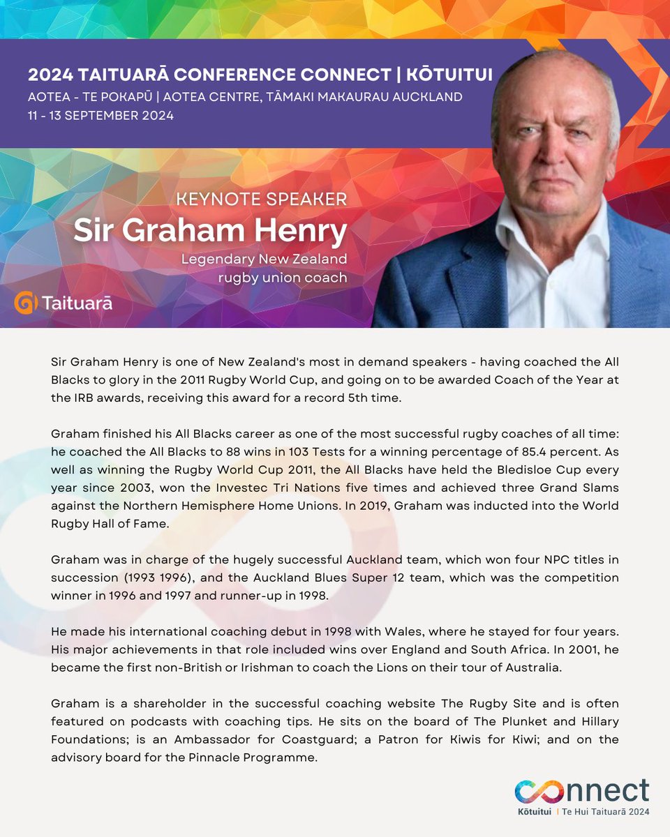 Get ready to be inspired by one of the keynote speakers for our 2024 Taituarā Conference, Sir Graham Henry.

2024 Taituarā Conference, taking place at the Aotea Centre, Tāmaki Makaurau Auckland, on 11 – 13 September.

Register here: taituaraconference.nz