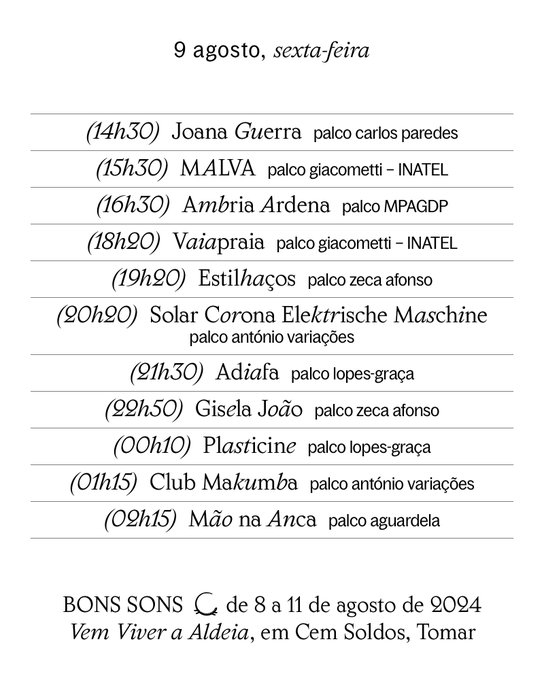 Horários do Festival Bons Sons 2024 - 9 de agosto
