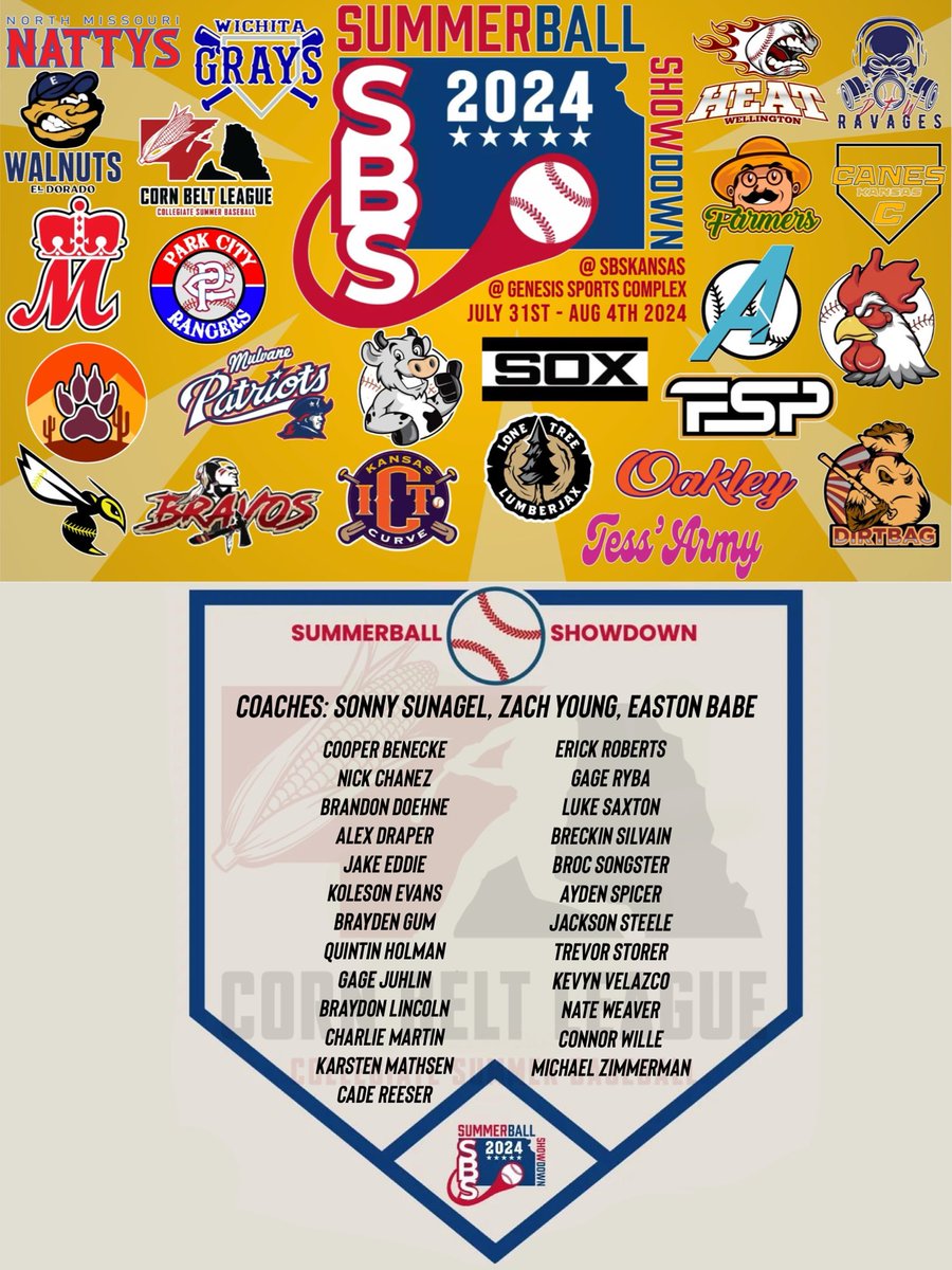Official roster for the upcoming Summerball Showdown in Wichita.

Tournament Details:
* Genesis Sports Complex (Goddard, KS)
* July 31st - August 4th
* 24 teams, 2 pool play games + single elimination bracket play
