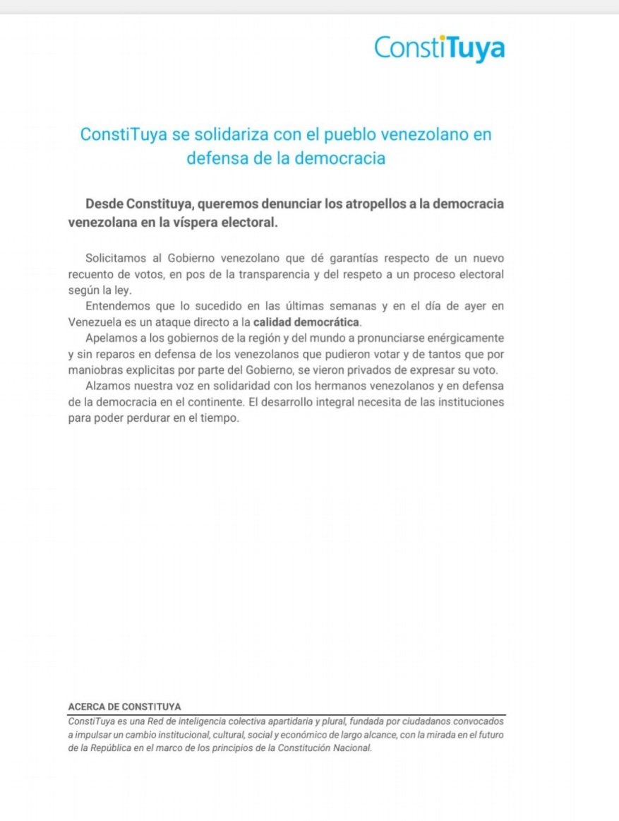 Desde <a href="/constituya/">ConstiTuya</a> exigimos el respeto por la voluntad de los ciudadanos de Venezuela expresada con contundencia ayer! Y el fin de la brutal represión y agresión de parte del gobierno de Nicolás Maduro