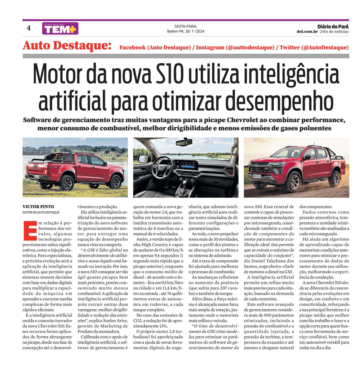 AutoDestaque's tweet photo. Motor da nova Chevrolet S10 usa inteligência artificial para otimizar desempenho, como mostra esta matéria do caderno Auto Destaque do jornal Diário do Pará de 26/07/2024 #AutoDestaque #DiárioDoPará #Chevrolet #S10 #ChevroletS10 #NovaS10 #NovaChevroletS10 #InteligênciaArtificial https://t.co/Zb15CYskwR