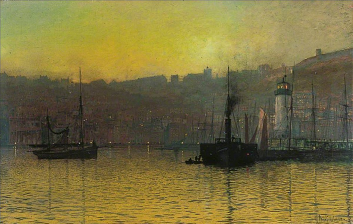 VictorianWeb's tweet image. #Goodnight with &quot;Nightfall in Scarborough Harbour, North Yorkshire&quot; by Atkinson Grimshaw. 1884. Thanks, @LeedsArtGallery  victorianweb.org/painting/grims…