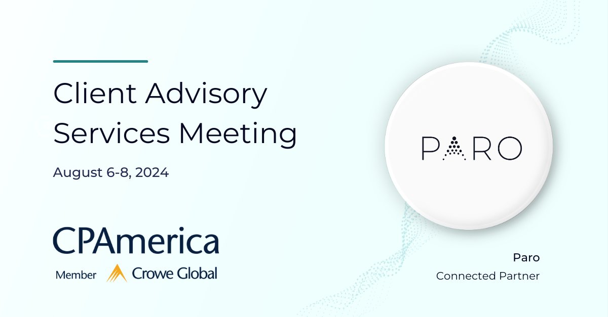 Paro (@paro_gobeyond) on Twitter photo Paro is partnering with <a href="/CPAmericaIntl/">CPAmerica, Inc.</a> for its Client Advisory Services Meeting August 6-8 in SLC! If you're a CPAmerica member attending, stop by our booth to discuss how our staff augmentation solutions can help you build an efficient, profitable practice. #CPAfirm #CAS Paro is partnering with <a href="/CPAmericaIntl/">CPAmerica, Inc.</a> for its Client Advisory Services Meeting August 6-8 in SLC! If you're a CPAmerica member attending, stop by our booth to discuss how our staff augmentation solutions can help you build an efficient, profitable practice. #CPAfirm #CAS