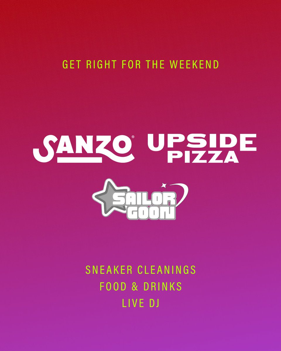 stadiumgoods's tweet photo. The Weekend Warm Up is back! Pull up to our SoHo location this Friday August 2nd for some complimentary pizza from @upsidepizza, a complimentary sneaker cleaning from #CrepProtect, ice cold sparkling water from @drinksanzo, and sounds by Sailor Goon. https://t.co/coF23TO8sc
