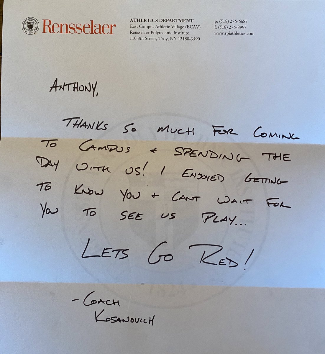 Thank you <a href="/CoachKosanovich/">Eli Kosanovich</a> and <a href="/RPIFootball/">𝙍𝙚𝙣𝙨𝙨𝙚𝙡𝙖𝙚𝙧 𝙁𝙤𝙤𝙩𝙗𝙖𝙡𝙡</a> for the hand written letter. appreciate all the love. #REDFAM