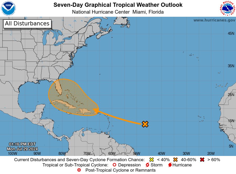 After a quiet few weeks to cap off July, we will again be watching for tropical development in the Atlantic this week.

A currently broad and dry tropical wave will track near the Leeward Islands and Greater Antilles in a few days, potentially approaching the Bahamas this