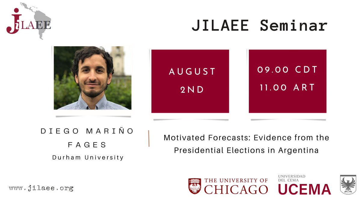 JILAEE (@_jilaee) on Twitter photo 🔴Friday 07/02, 11am Buenos Aires/ 8am Chicago
<a href="/diemarinofages/">Diego Mariño Fages 🇦🇷🇮🇹</a> from <a href="/DUBusSchool/">Durham University Business School</a> is presenting his paper at #JilaeeSeminarSeries
Register: forms.gle/WpqHR6Xc1hgsMZ……
#econtwitter #AcademicTwitter #BehavioralEconomics 🔴Friday 07/02, 11am Buenos Aires/ 8am Chicago
<a href="/diemarinofages/">Diego Mariño Fages 🇦🇷🇮🇹</a> from <a href="/DUBusSchool/">Durham University Business School</a> is presenting his paper at #JilaeeSeminarSeries
Register: forms.gle/WpqHR6Xc1hgsMZ……
#econtwitter #AcademicTwitter #BehavioralEconomics
