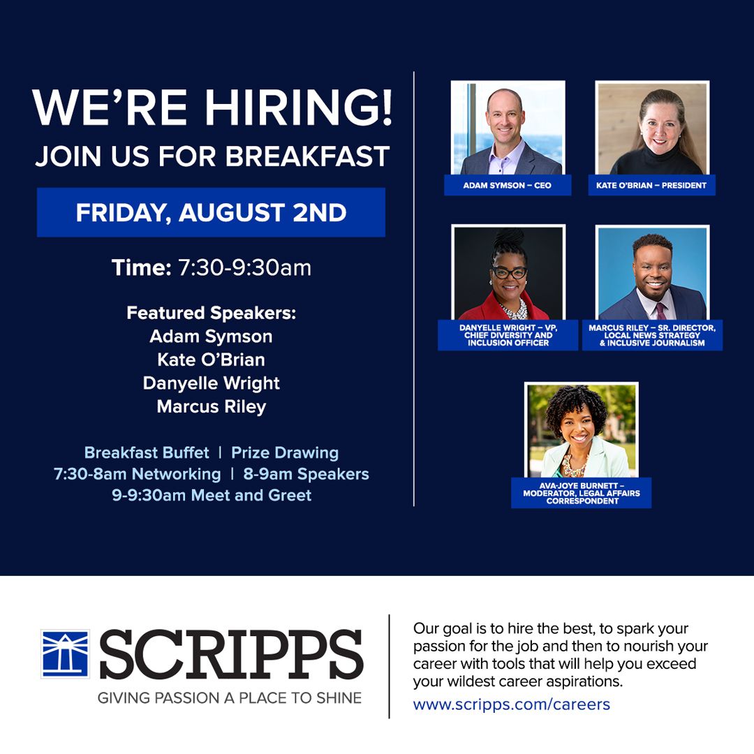 Heading to #nabj2024? Stop by <a href="/EWScrippsCo/">The E.W. Scripps Co.</a>! 

Email recruiter@scripps.com with the subject line, "NABJ Breakfast" to reserve a spot. 

Want to schedule an interview? Include that in the email with your resume, reel, and contract end date (if applicable).

See you there!