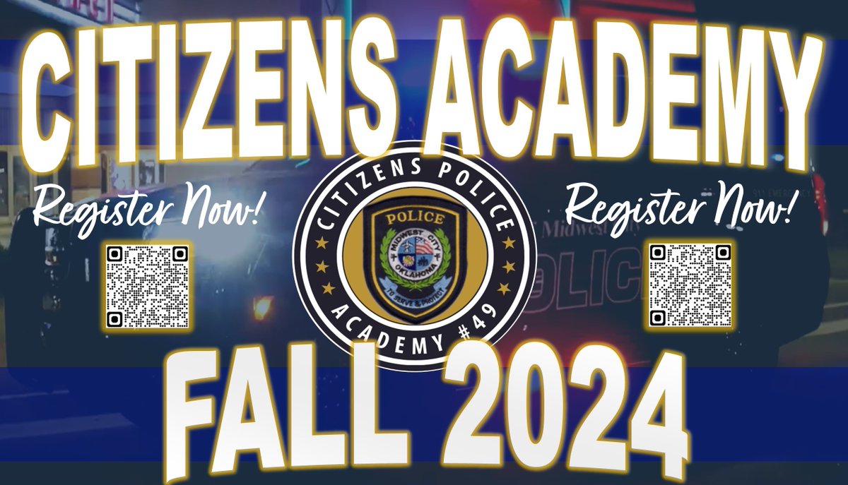 Don't forget to get registered for our Citizens Academy this fall!

Come get an inside look at our department and get to know our officers.  We are excited to for our 49th class!

Visit midwestcityok.org/police/page/ci… for more information and the application or scan the code.