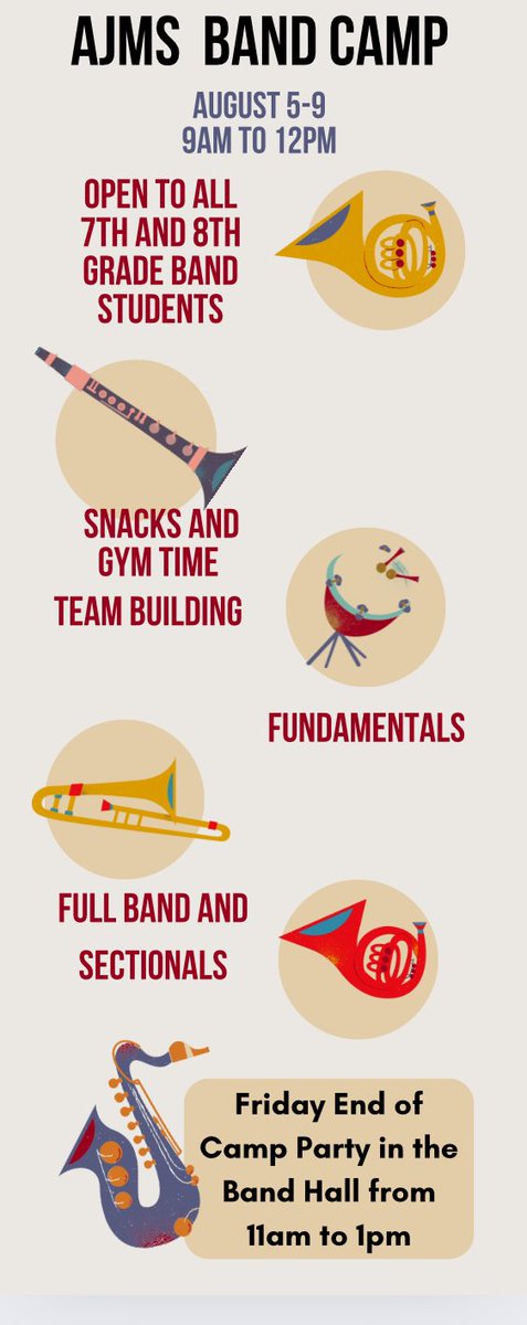 Anson Jones Cougar Band (@ansoncougarband) on Twitter photo Band Camp starts in 1 week!! August 5-9!! From 9am to 12pm. August 9th will be our end of camp celebration from 11am to 1pm!!
<a href="/NISDJones/">Jones Middle School</a> <a href="/NISDJonesSTEM/">Anson Jones Magnet School</a> Band Camp starts in 1 week!! August 5-9!! From 9am to 12pm. August 9th will be our end of camp celebration from 11am to 1pm!!
<a href="/NISDJones/">Jones Middle School</a> <a href="/NISDJonesSTEM/">Anson Jones Magnet School</a>
