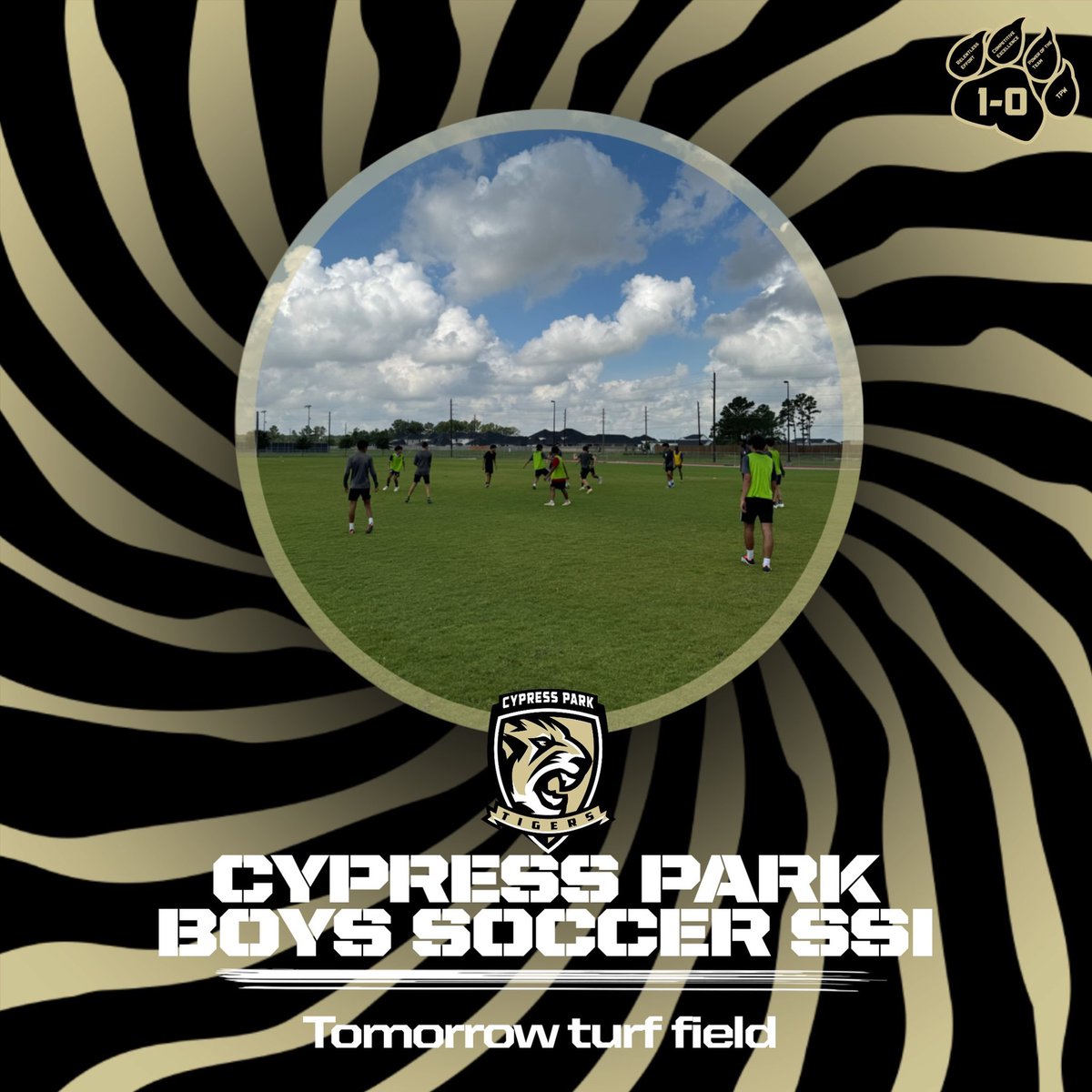 🗣 Attention Tigers! 🐅 

Tomorrow July 30th, SSI will be held on the turf field. Be prepared and bring your best effort. Let's showcase our skills and teamwork. See you all there!
#TigerSoccer #SSI #CyPark