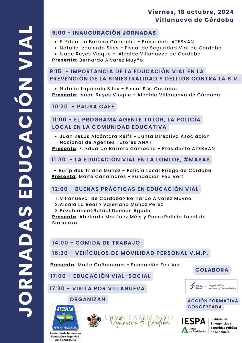 Jornadas de Educación Vial en Villanueva de Córdoba
📌Día 18 Octubre
📍Villanueva de Córdoba, Centro de Estudios Empresariales
💸 Gratuitas
INSCRIPCIONES: forms.gle/SFFUNubKtmQKAd…
Jornada con un programa compuesto por profesionales de reconocido prestigio a nivel nacional