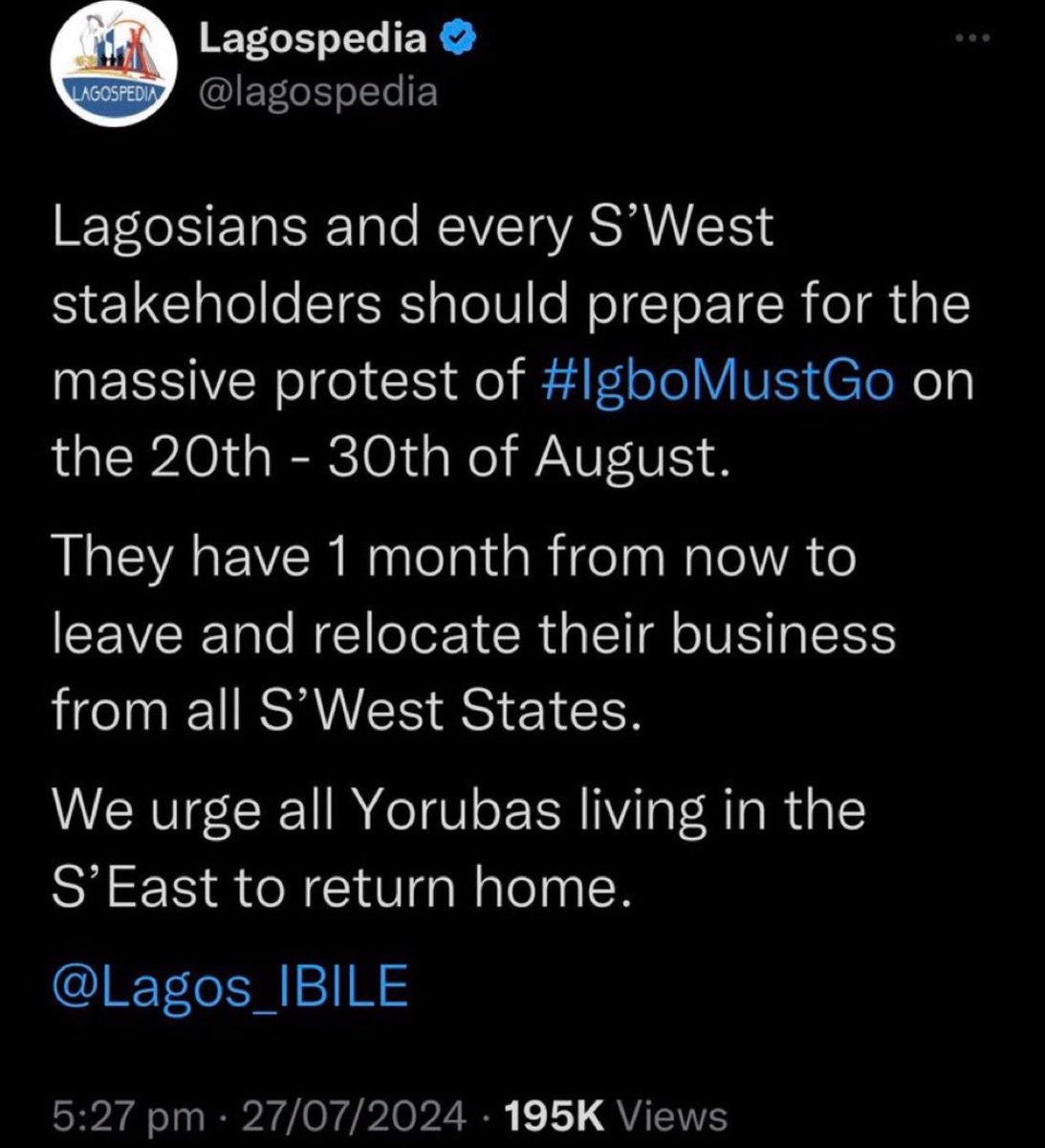 OurFavOnlineDoc's tweet image. I hope the @OfficialDSSNG @PoliceNG will act on this violent inflammatory post that directly threatens destruction and attacks on Igbo people and their businesses.

It will NEVER be acceptable to threaten Igbo business, Igbo people or any tribe/business anywhere in Nigeria.…