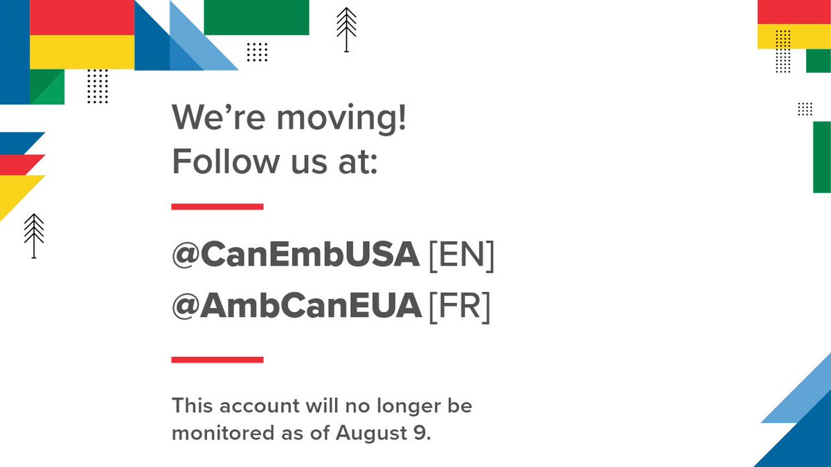 Connect2Canada (this account is no longer active) (@connect2canada) on Twitter photo We’re moving!
Follow us at:
English: <a href="/CanEmbUSA/">Embassy of Canada US</a>
Français: <a href="/AmbCanEUA/">Ambassade du Canada É.-U.</a>
This account will no longer be monitored as of August 9. We’re moving!
Follow us at:
English: <a href="/CanEmbUSA/">Embassy of Canada US</a>
Français: <a href="/AmbCanEUA/">Ambassade du Canada É.-U.</a>
This account will no longer be monitored as of August 9.