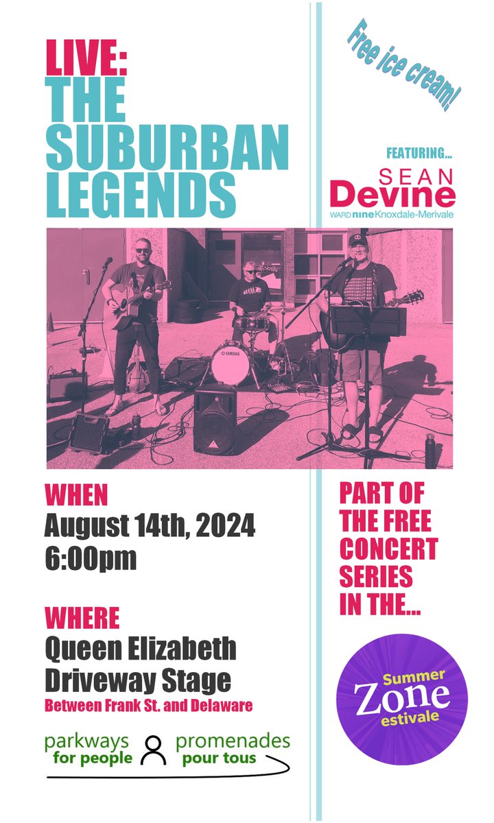 On August 14th at 6pm, pop on over to the <a href="/NCC_CCN/">National Capital Commission</a> Summer Zone on the QED where my cover band THE SUBURBAN LEGENDS is playing. It's in partnership with Parkways for People, who are providing FREE ICE CREAM. So, come on out and let's build #PlacesForPeople together.