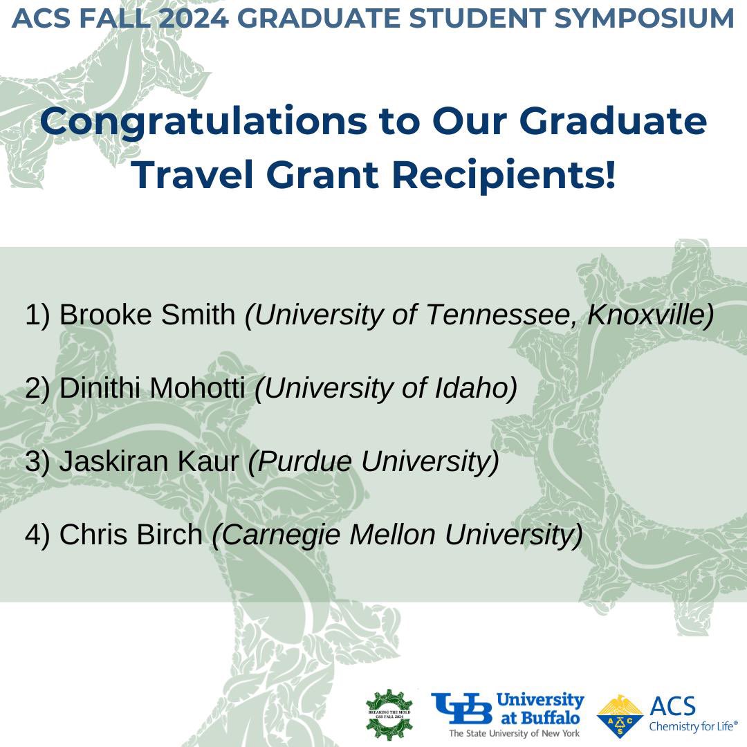🎉 Congratulations to the recipients of the Graduate Travel Grants for the ACS Fall 2024 National Meeting! 🎉
👏 Brooke Smith, University of Tennessee, Knoxville
👏 Dinithi Mohotti, University of Idaho
👏 Jaskiran Kaur, Purdue University
👏 Chris Birch, Carnegie Mellon University