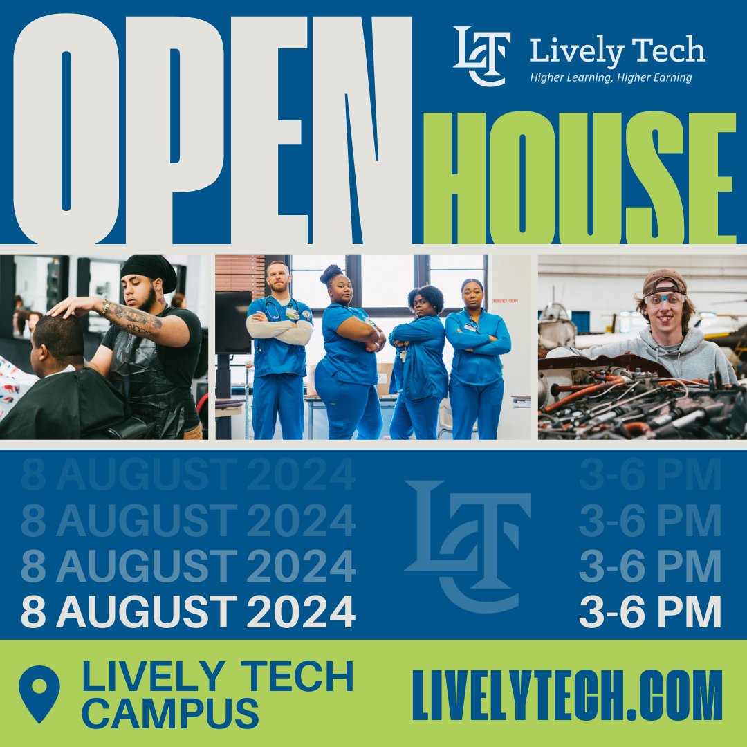 LivelyTechTally's tweet photo. ๐ฅYour success story begins with higher learning and leads to higher earning at the Lively Technical College Open House, August 8th from 3:00 - 6:00 p.m. https://t.co/5WeOYLSubv Plan to attend our Open House. #HigherLearningHigherEarning https://t.co/U0p5J4lWVQ