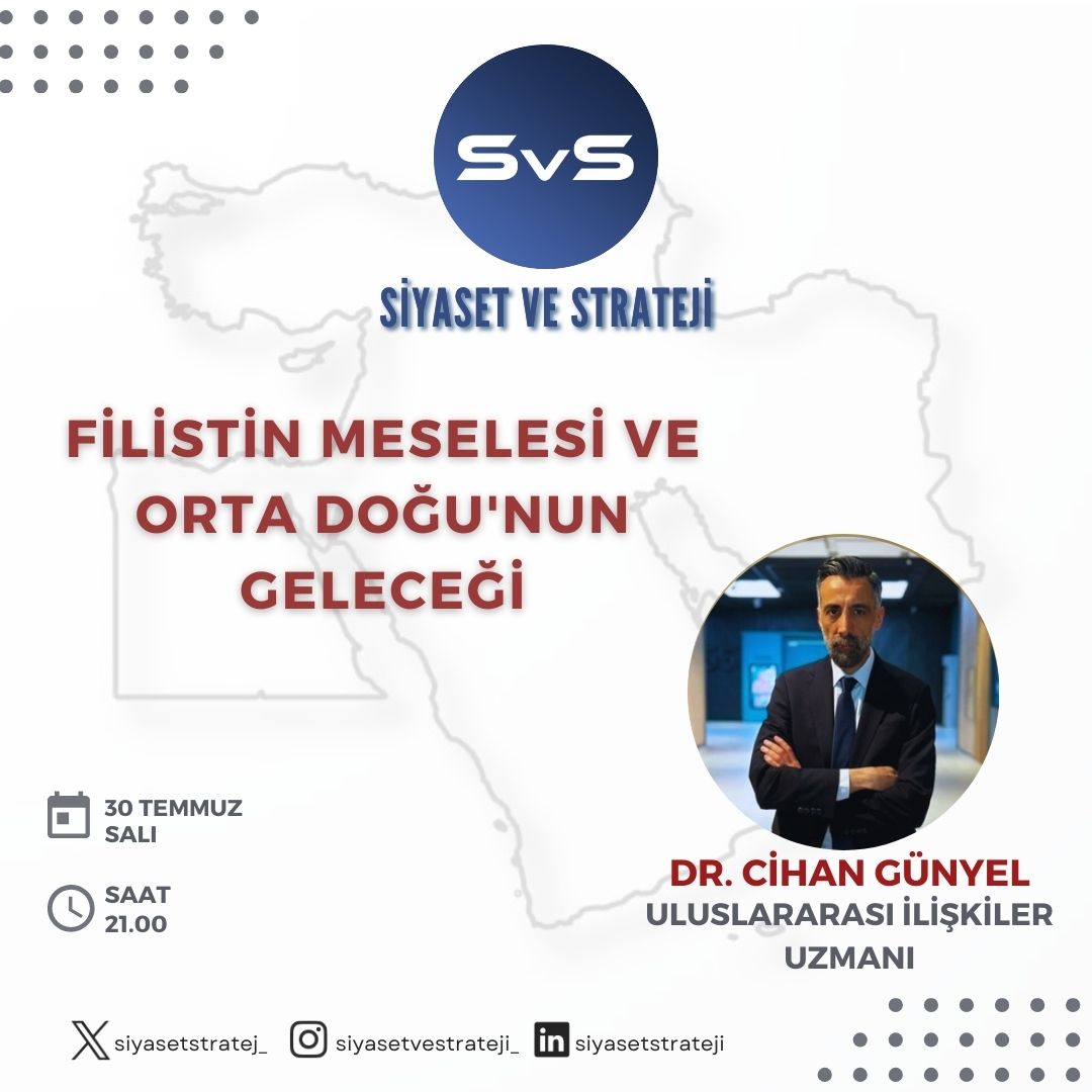 Filistin Meselesi ve Orta Doğu'nun Geleceği 
(Çevrimiçi Seminer) 

30  Temmuz Salı saat 21.00'de kıymetli hocalarımızla Filistin Meselesi ve Orta Doğu'nun Geleceği ele alacağız. 
Bütün etkinliklerimiz Google Meet ile yapılmaktadır.
(Katılım linkine bio kısmından ulaşabilirsiniz.