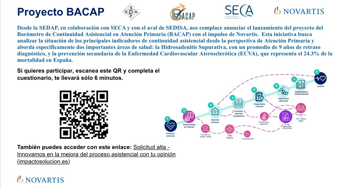 sedap_es's tweet photo. 🗣️ Desde la @sedap_es en colaboración con SECA @CalidadAsistenc y con el aval de @SEDISA_NET nos complace anunciar el lanzamiento del proyecto del Barómetro de Continuidad Asistencial en #AtenciónPrimaria #BACAP con el impulso de @NovartisSpain https://t.co/NxSx6AkjbI
