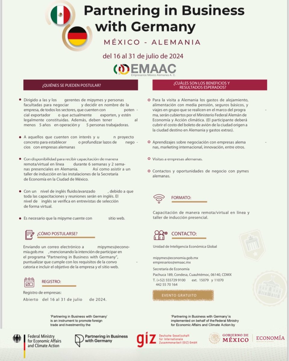 Emaac_oficial's tweet photo. Ya está listo el programa Partnering Business with Germany, el programa para viajar a Alemania 🇩🇪 y generar negocios, si tienen dudas favor de consultarnos.
Posterior favor de mandar correo para aplicar al programa poniendo en copia a los correos señalados en él documento #EMAAC https://t.co/1c782CL0EK