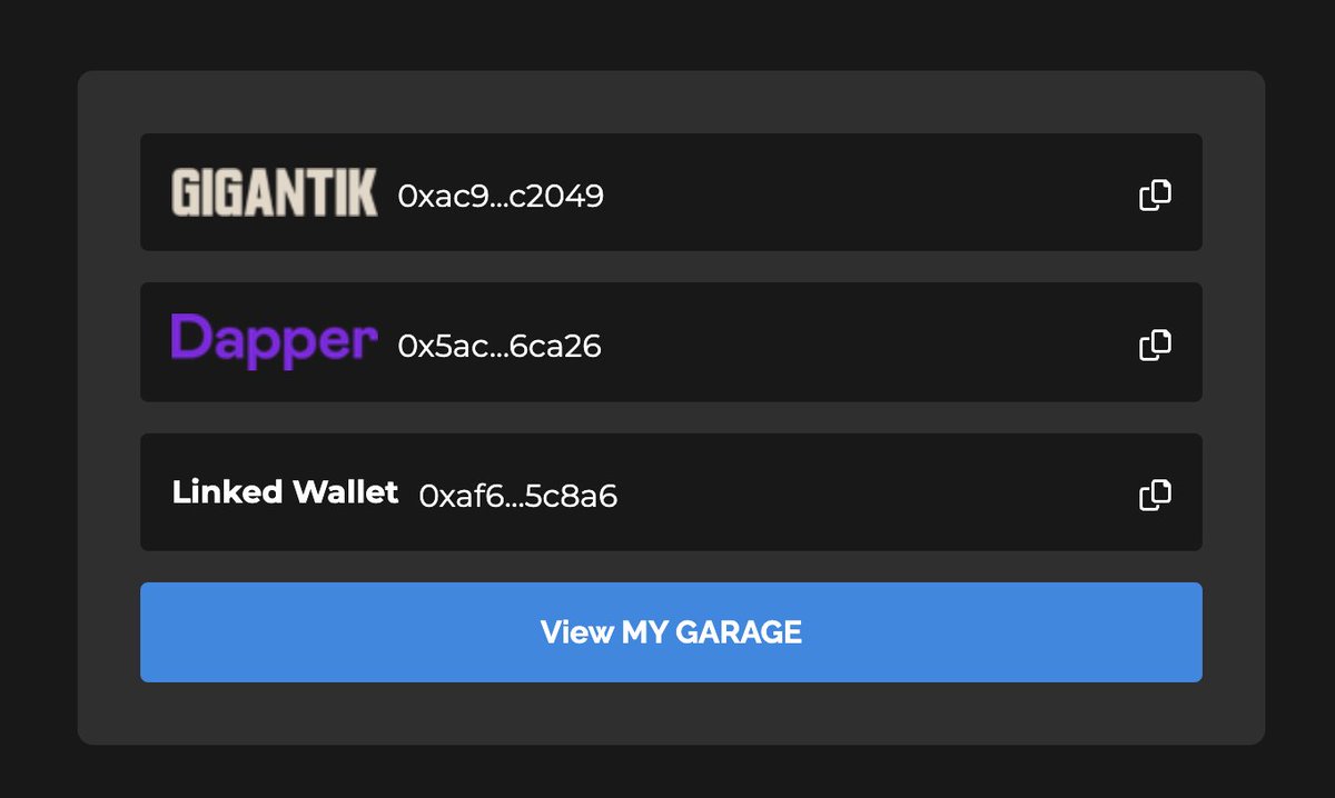 Launched account linking on Gigantik today! Users can now go to their profile on any partner site and link their own self custody wallet via account linking.  Once linked all Gigantik partner collections can be controlled from your own wallet.

Here is a RaceDay account.