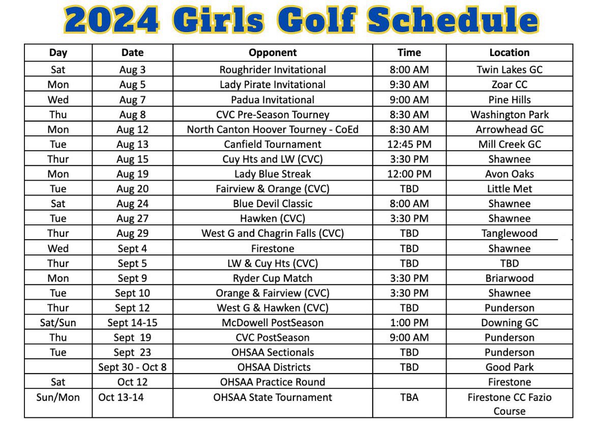 Our 2024 Golf Schedule! Hope to see you out there supporting our team!