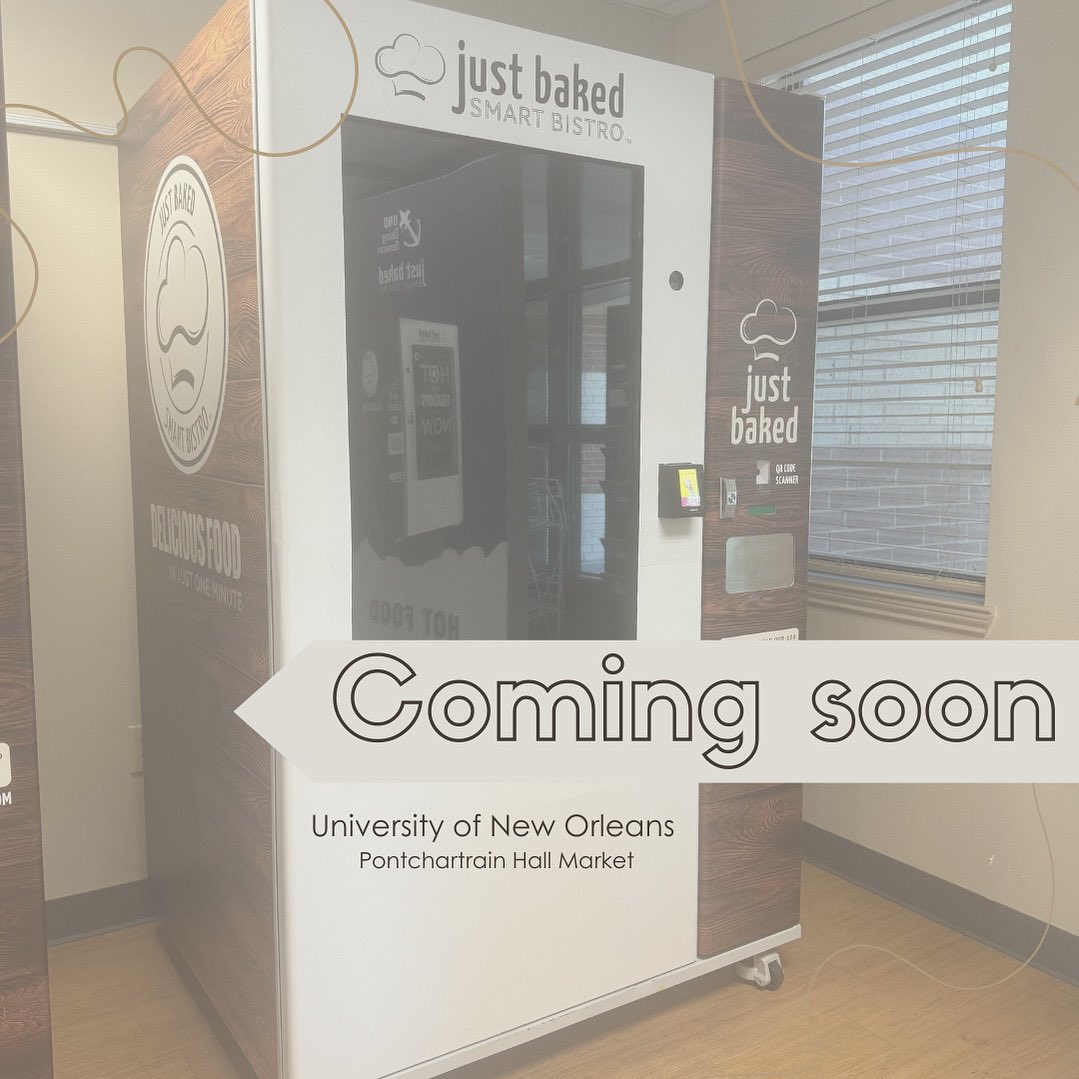 Coming soon: Just Baked Machines 🚀

Prepare for the future of campus dining with Just Baked Machines! These innovative kiosks are about to make eating easier than ever, offering hot, delicious treats all ready in a few minutes. #universityofneworleans #unodining