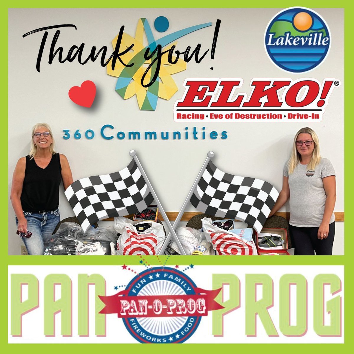 Thank you to <a href="/Elko_Speedway/">Elko Speedway</a> for stopping by 360 Communities' Burnsville Resource Center last week! As part of their Race Car Alley Event at <a href="/CityOfLakeville/">City of Lakeville, MN</a> <a href="/Pan_O_Prog/">Lakeville Pan-O-Prog</a>, Elko Speedway donated jerseys, socks, and shoes for the children we serve in Dakota County! ❤️