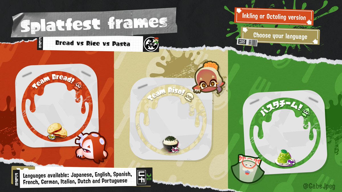 A new Splatfest is coming and this time it's Bread vs Rice vs Pasta! 🍞🍚🍝 
Show who you cheer for with these free frames.

RT to let others see this ✨
Credit appreciated

Drive: drive.google.com/drive/folders/…

#Splatfest #Splatoon3 #フェス #スプラトゥーン3
