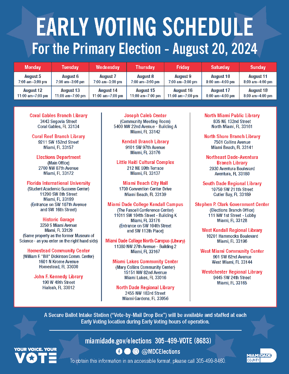 VoteMiamiDade's tweet photo. 📅 We're just ONE WEEK away from Early Voting for the August 20th Primary Election! 🗳️
Mark your calendars: Early Voting runs from August 5 through August 18. You can cast your vote in-person at any Early Voting site across Miami-Dade County. #EarlyVoting #VoteMiamiDade https://t.co/Dh4u9S97LB