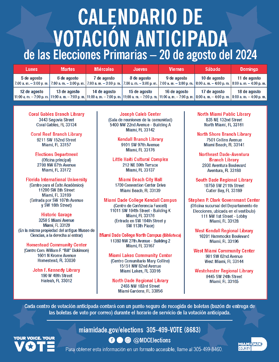 VoteMiamiDade's tweet photo. 📅 We're just ONE WEEK away from Early Voting for the August 20th Primary Election! 🗳️
Mark your calendars: Early Voting runs from August 5 through August 18. You can cast your vote in-person at any Early Voting site across Miami-Dade County. #EarlyVoting #VoteMiamiDade https://t.co/Dh4u9S97LB