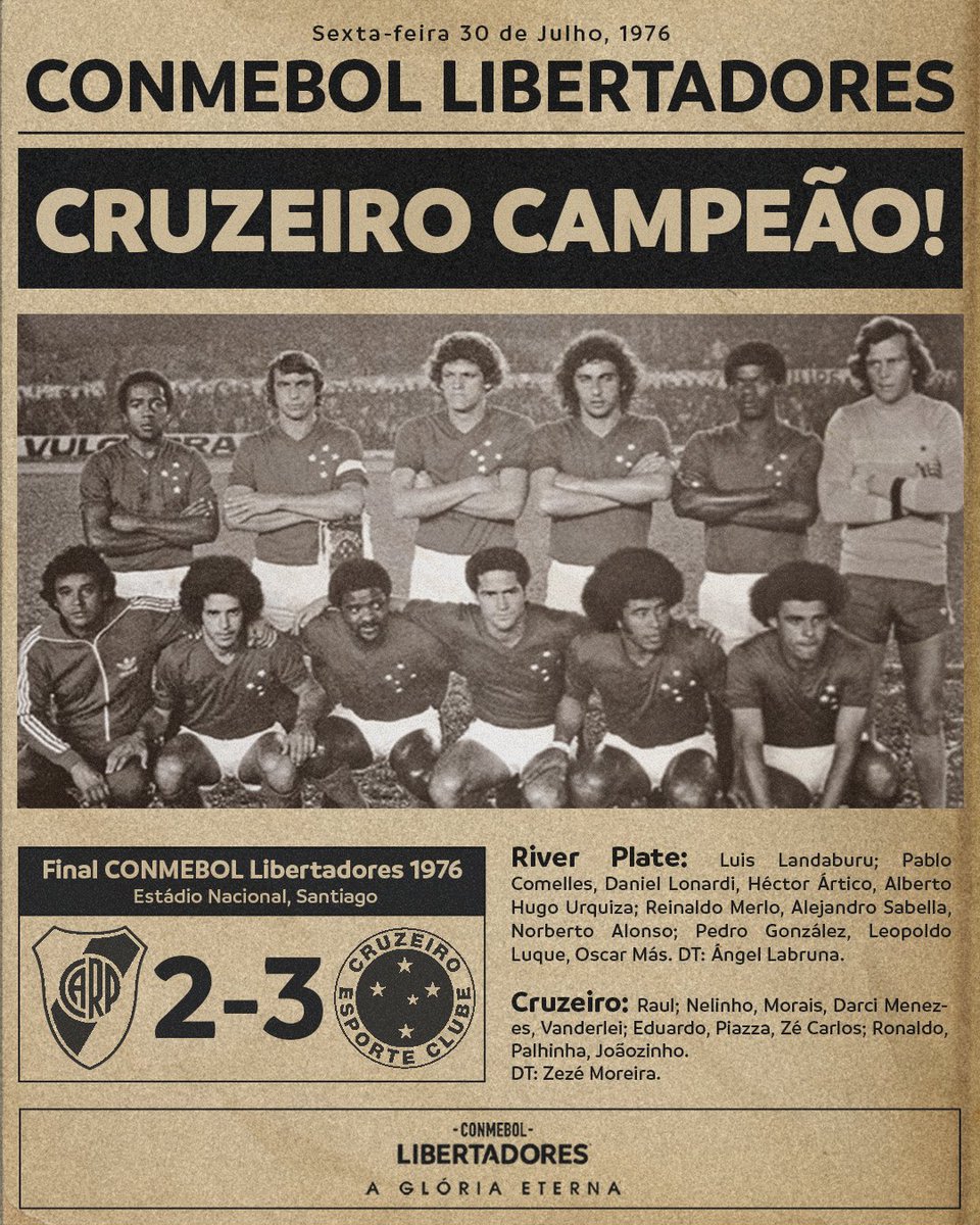 ⭐️🦊 <a href="/Cruzeiro/">Cruzeiro 🦊</a> campeão da CONMEBOL #Libertadores 1976! A primeira #GloriaEterna celeste completa 4⃣8⃣ anos.