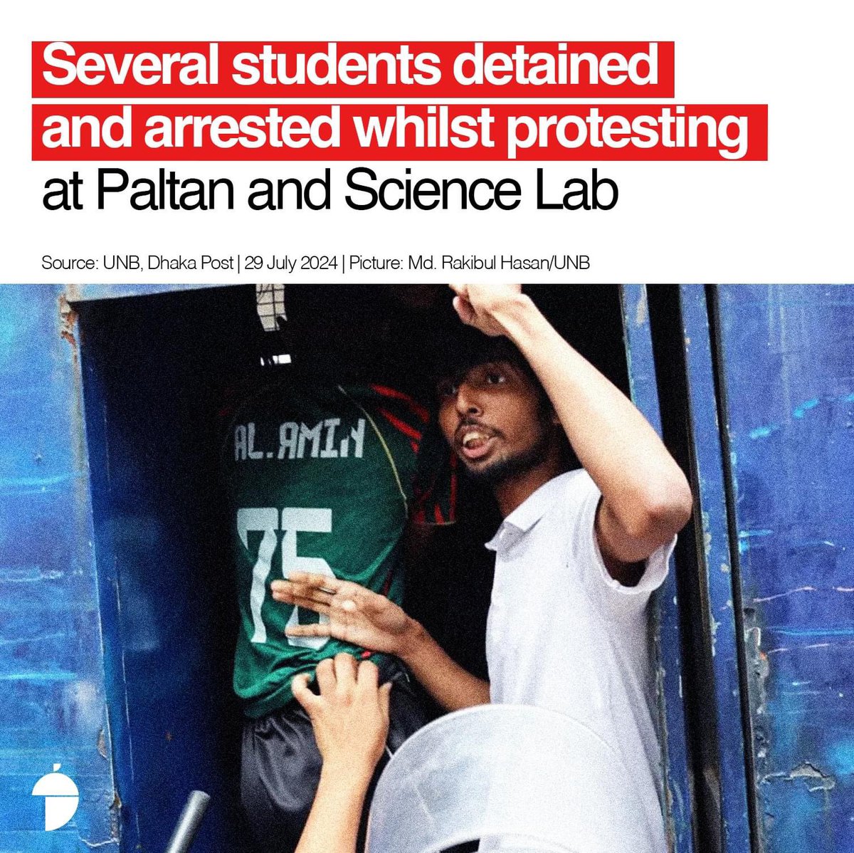 ridoanmahbub's tweet photo. Several students were detained and arrested during protests at Paltan and Science Lab in Dhaka. On Monday, protests erupted at Purana Paltan, where demonstrators rallied against the detention of seven quota reform coordinators by the Detective Branch, with similar gatherings reported at Mirpur 10 and Rajshahi University. 

At Paltan intersection, eyewitnesses reported that police took three individuals into custody amidst chants for justice and the release of detainees. This led to a significant disruption in traffic. In a related event at Science Lab, ten students were arrested during a march that began at Dhanmondi Star Kabab and proceeded to Dhanmondi Road No. 1. The arrested students were initially held at the Science Lab police box before being transferred to Dhanmondi Police Station.

Source: https://t.co/UiGxwokisW, https://t.co/TeqBRrB5MA
