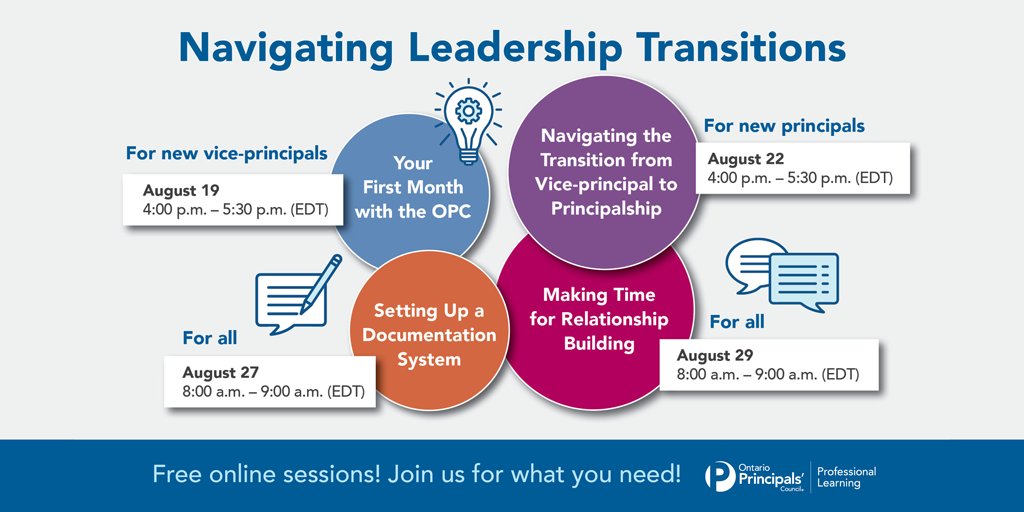 OPCouncil's tweet photo. On Aug 19, Aug 22, Aug 27 and Aug 29, our Navigating Leadership Transitions are stand-alone opportunities to support new principals and vice-principals to effectively navigate the complexities of school operations. https://t.co/Hhw7qKK90W https://t.co/NvzBAu1mxH
