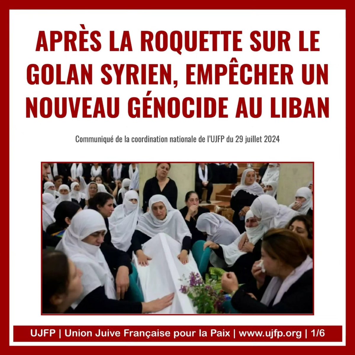 ❗Après la roquette sur le Golan syrien, empêcher un nouveau génocide au Liban
ℹ️ Le gouvernement israélien exploite cet événement pour annoncer une attaque d’ampleur contre le Liban. Il faut l'en empêcher.
📃 Communiqué de la Coordination nationale de l’UJFP du 29/07/24
🧶⤵️🔗