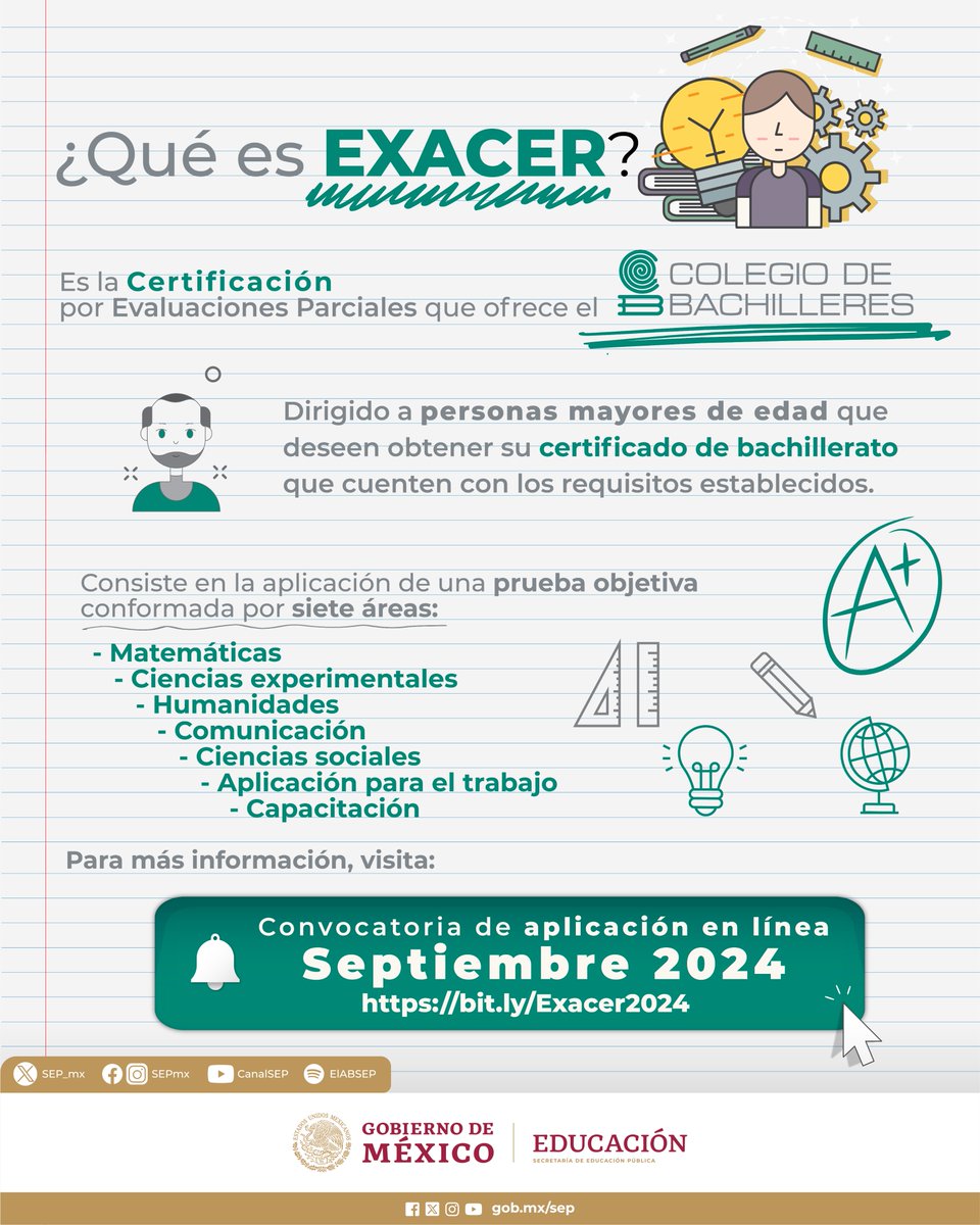 SEP_mx's tweet photo. ¿Eres mayor de edad y deseas obtener tu certificado de #bachillerato?🎓📜🎖️
El @CdeBachilleres te ofrece la certificación por evaluaciones en línea a través del #Exacer. Consulta la convocatoria: 👉🏻https://t.co/Hwc4eb528M
📆Tienes hasta el 7 de agosto para registrarte. https://t.co/SkRjaRqWHH